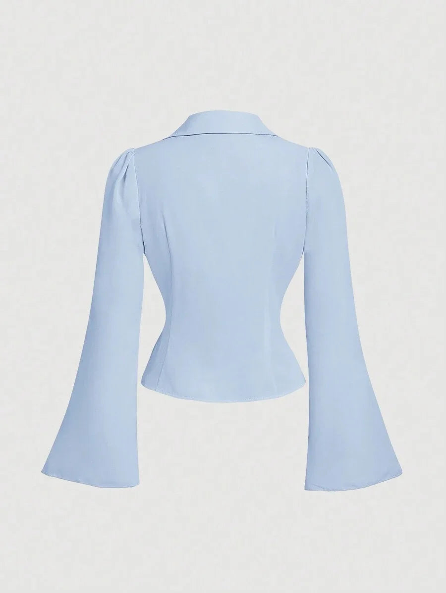 Women Crop Top V Neck Ruffle Flared Sleeve Blouse Waist Cinched Blue Long Sleeve Shirt Witchy Clothes Button