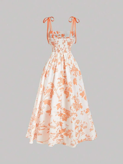 Women White Background Orange Silhouette Flower Print DressWedding Guest Dress