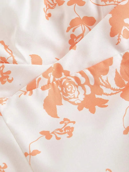 Women White Background Orange Silhouette Flower Print DressWedding Guest Dress