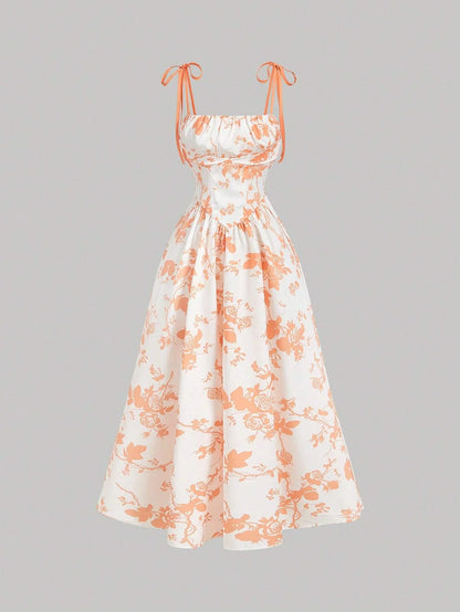 Women White Background Orange Silhouette Flower Print DressWedding Guest Dress