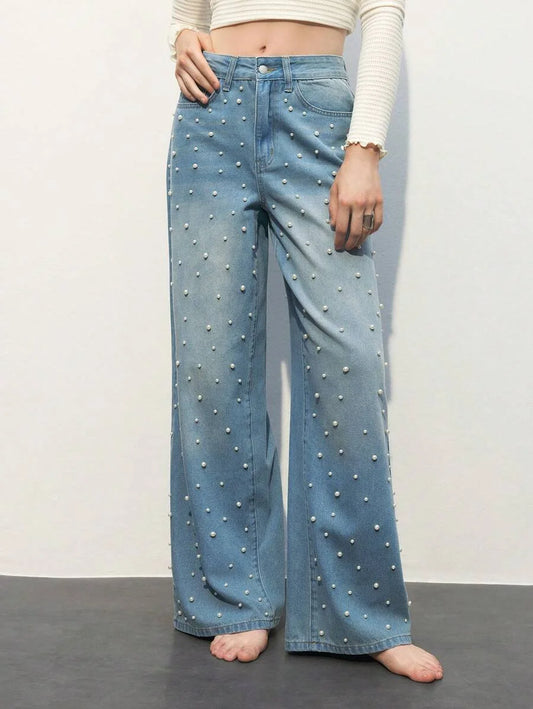 Women White Beaded Loose Fit Blue Denim Wide Leg Pants