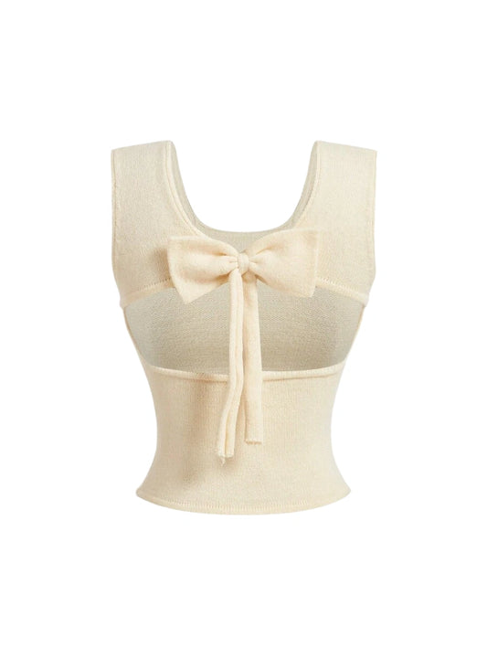 Womens Apricot Hollow Back LaceUp Bowknot Knitted Top