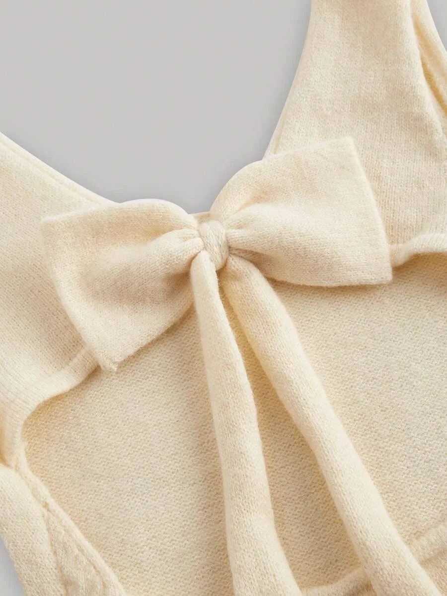 Womens Apricot Hollow Back LaceUp Bowknot Knitted Top