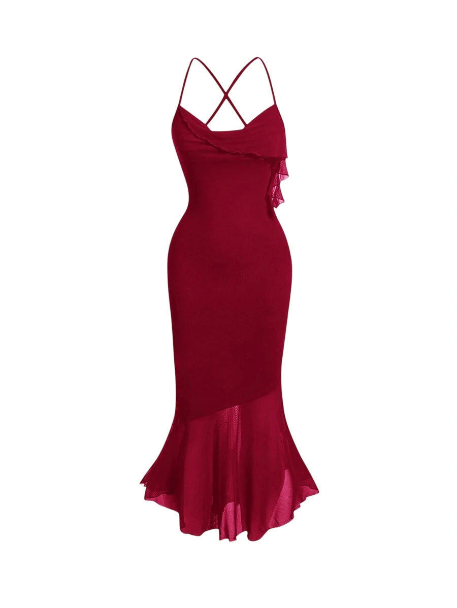 Burgundy mermaid dress with ruffled hem and cross-back straps