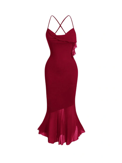 Burgundy mermaid dress with ruffled hem and cross-back straps
