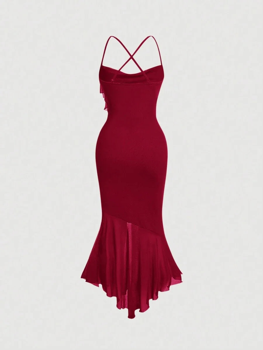 Womens Asymmetric Collar Cross Straps Slim Fit Fish Tail Halterneck Red Dress