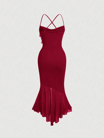 Womens Asymmetric Collar Cross Straps Slim Fit Fish Tail Halterneck Red Dress