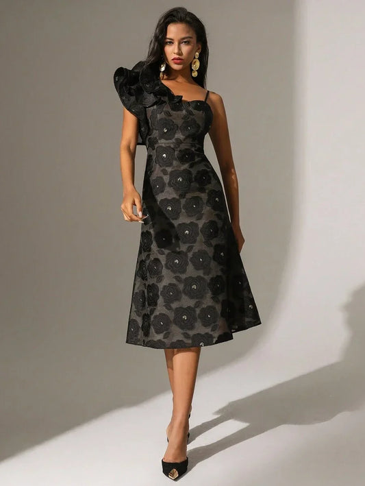 Womens Asymmetrical Collar amp Ruffle Hem Patchwork Dress