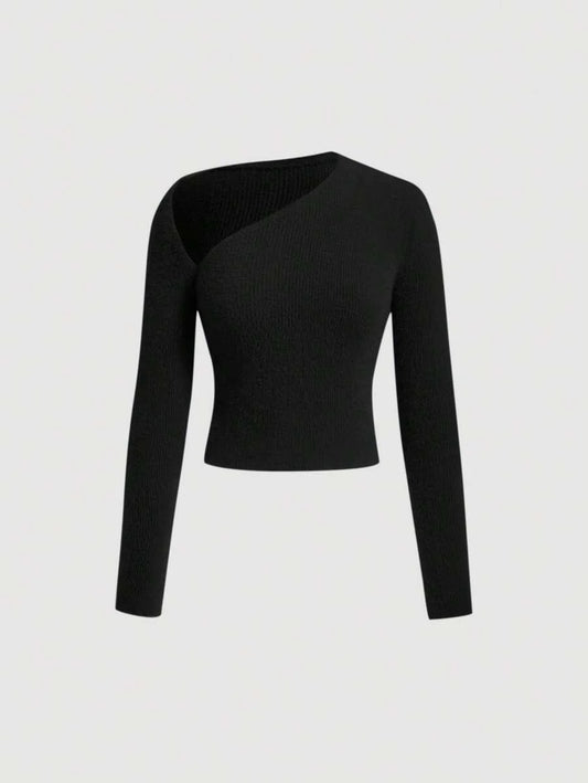 Womens Asymmetrical Collar Solid Color Sweater