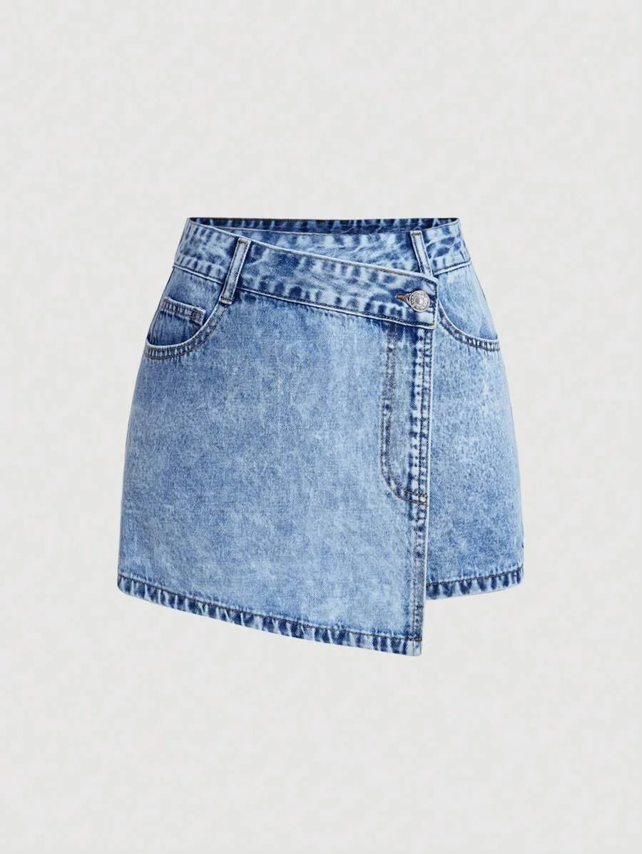 Womens Asymmetrical Hem Wrapped Denim Mini Skort