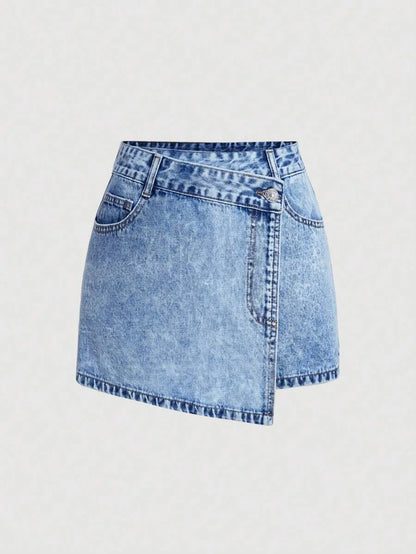 Womens Asymmetrical Hem Wrapped Denim Mini Skort