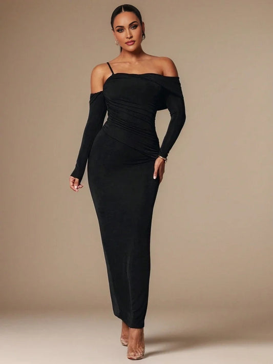 Womens Asymmetrical Neck Long Sleeve Pleated Fitted Elegant Dress Autumn