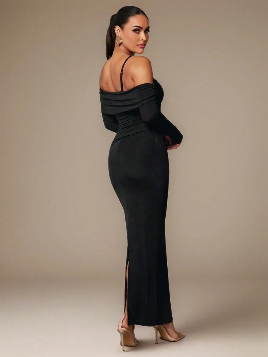 Womens Asymmetrical Neck Long Sleeve Pleated Fitted Elegant Dress Autumn