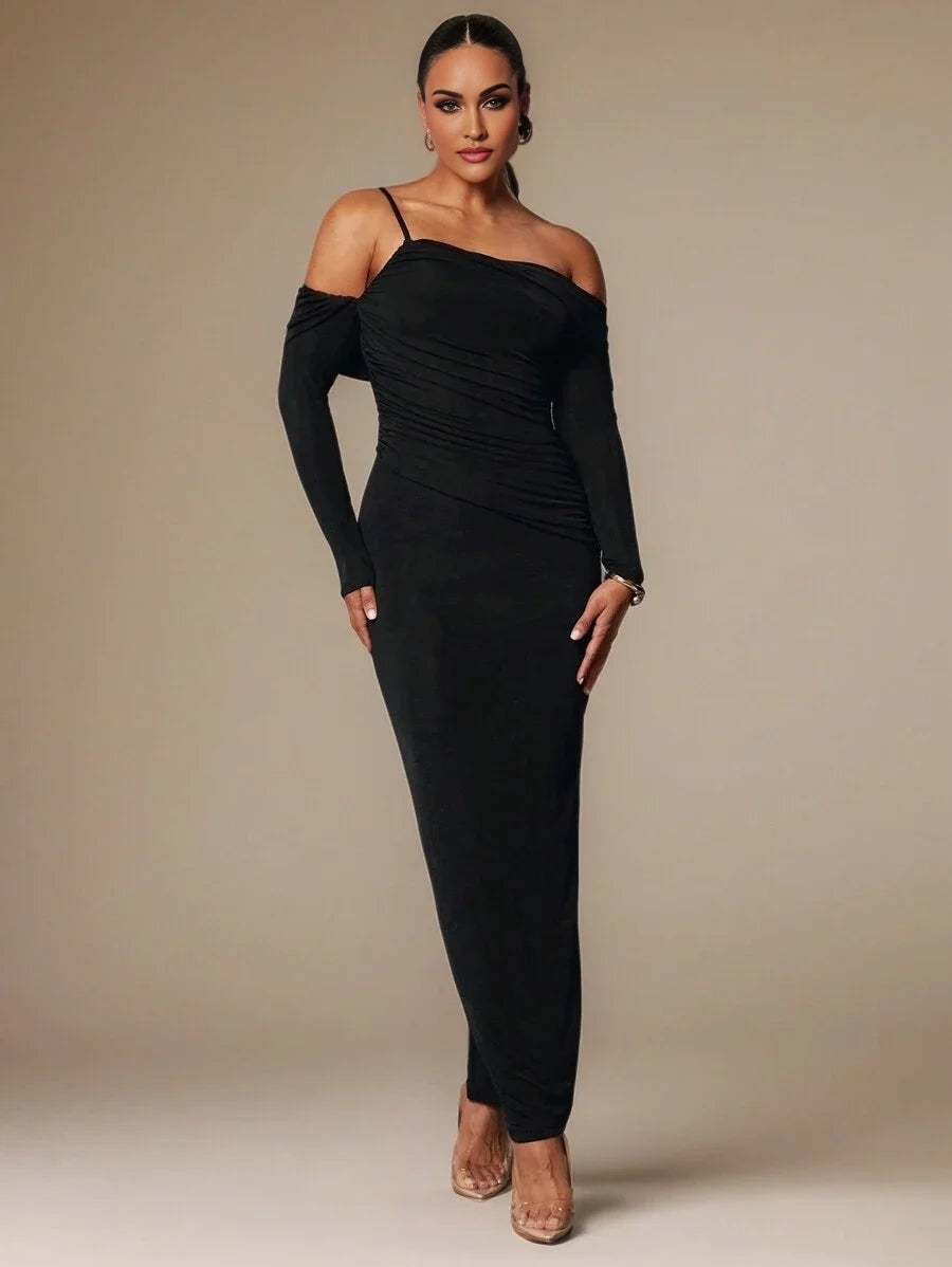 Womens Asymmetrical Neck Long Sleeve Pleated Fitted Elegant Dress Autumn