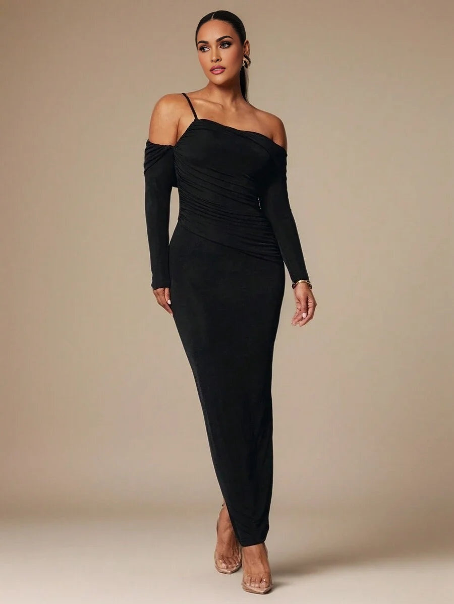 Womens Asymmetrical Neck Long Sleeve Pleated Fitted Elegant Dress Autumn