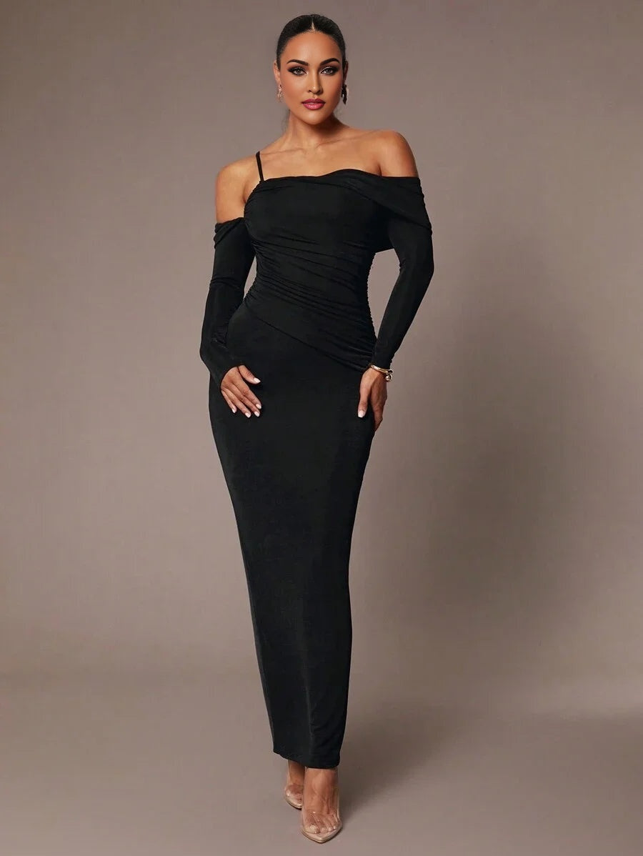 Womens Asymmetrical Neck Long Sleeve Pleated Fitted Elegant Dress Autumn