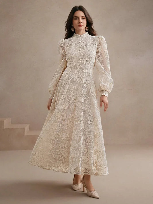 Womens Autumn Stand Collar Lantern Sleeve Ruched Waist SemiSheer Floral Embroidery Elegant Dress