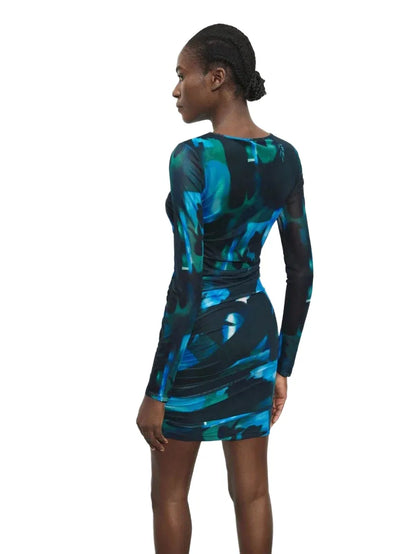 Womens Autumn Stylish TieDye Ruched Fitted Mini Dress