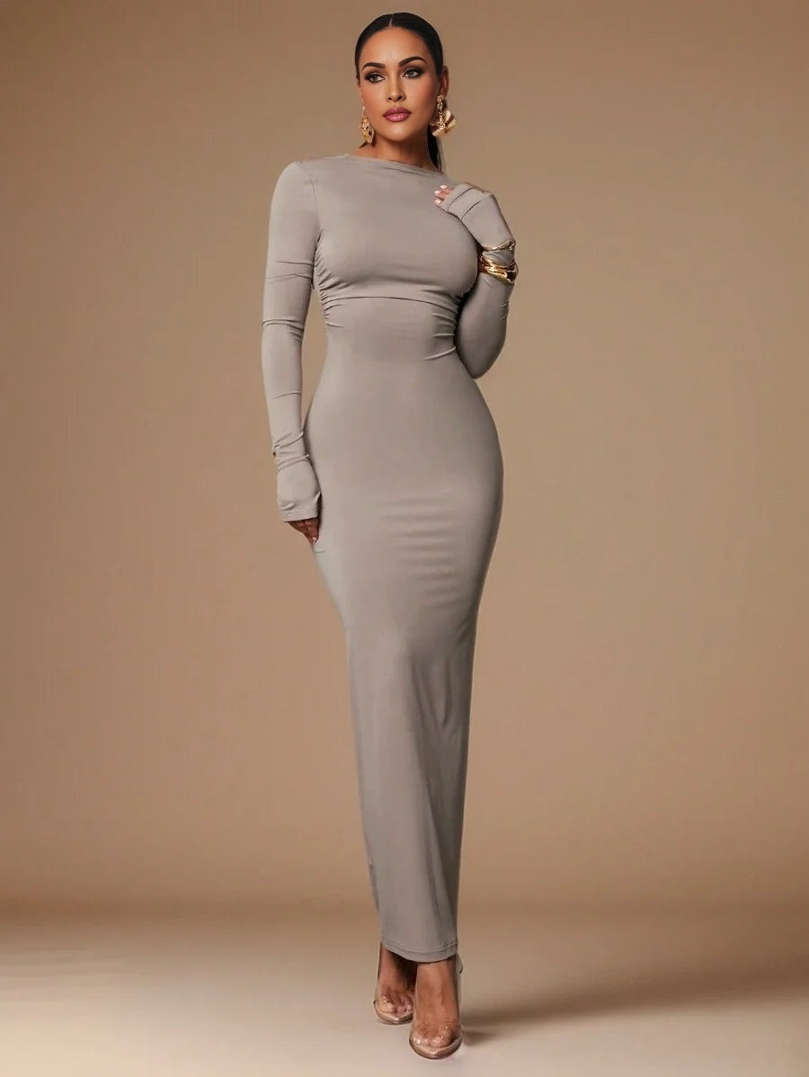 Womens Basic Sleeveless Backless Ruched Waist Skinny Bodycon Dress SkinFriendly Earthy Gray Color