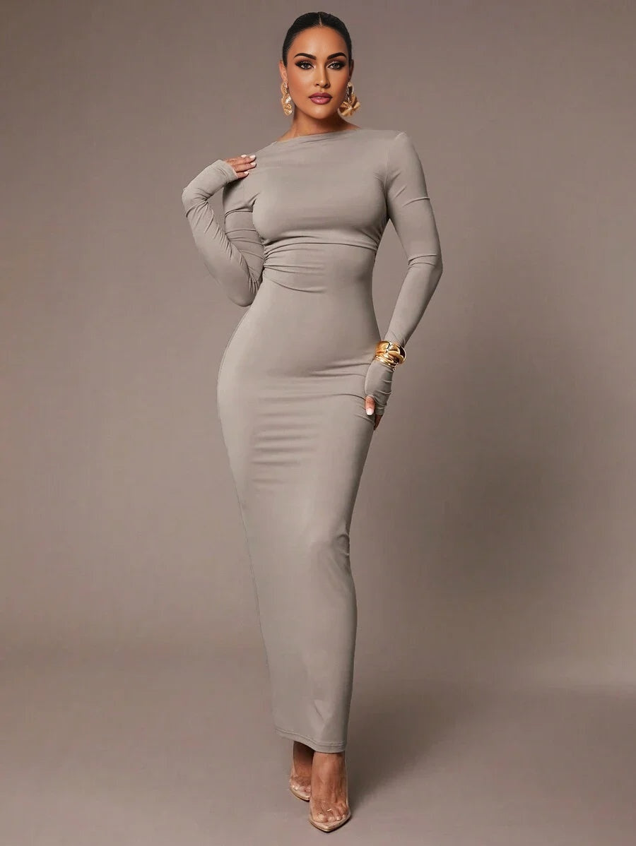 Womens Basic Sleeveless Backless Ruched Waist Skinny Bodycon Dress SkinFriendly Earthy Gray Color