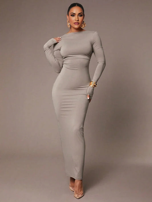 Womens Basic Sleeveless Backless Ruched Waist Skinny Bodycon Dress SkinFriendly Earthy Gray Color