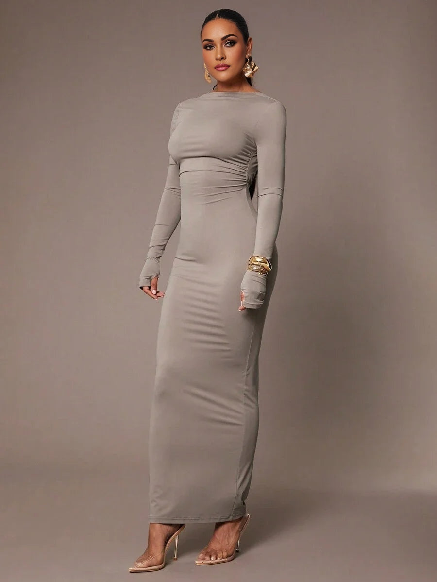 Womens Basic Sleeveless Backless Ruched Waist Skinny Bodycon Dress SkinFriendly Earthy Gray Color