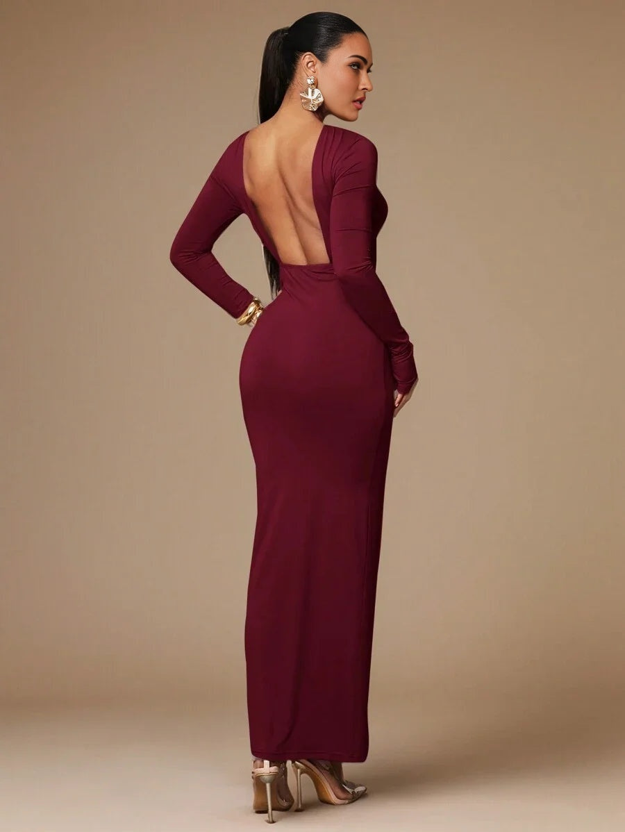 Womens Basic Slip Dress With Sexy Deep Back Waist Folds SkinFriendly Long Sleeve Floor Length Tight