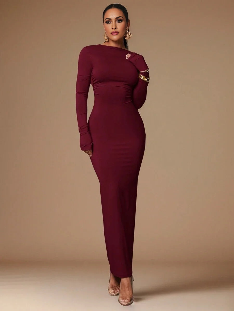 Womens Basic Slip Dress With Sexy Deep Back Waist Folds SkinFriendly Long Sleeve Floor Length Tight