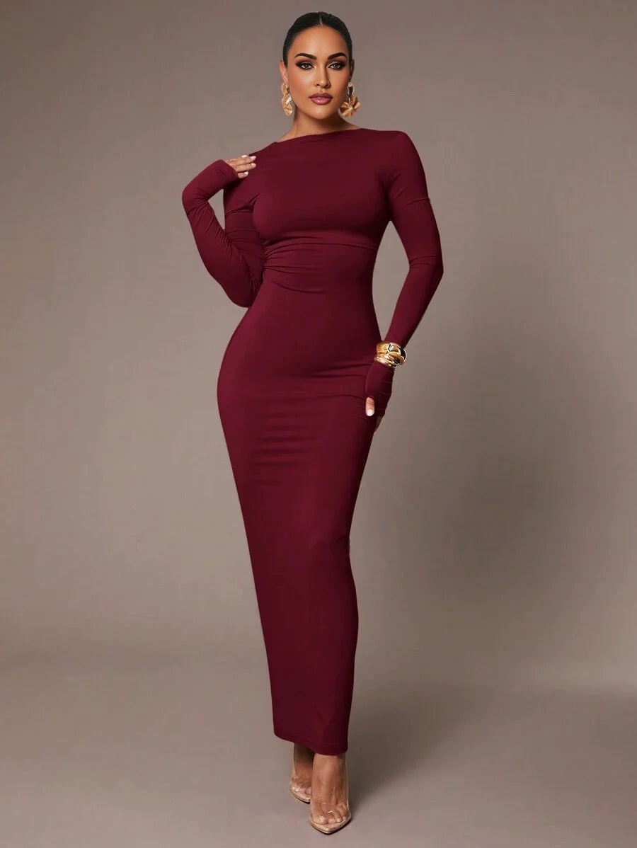 Womens Basic Slip Dress With Sexy Deep Back Waist Folds SkinFriendly Long Sleeve Floor Length Tight