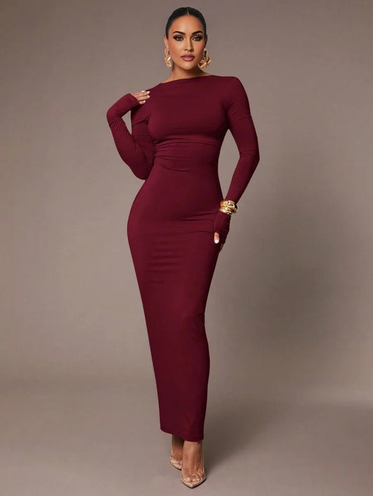 Womens Basic Slip Dress With Sexy Deep Back Waist Folds SkinFriendly Long Sleeve Floor Length Tight