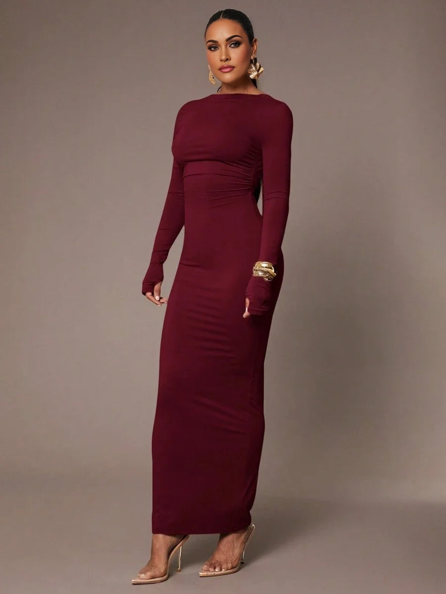 Womens Basic Slip Dress With Sexy Deep Back Waist Folds SkinFriendly Long Sleeve Floor Length Tight
