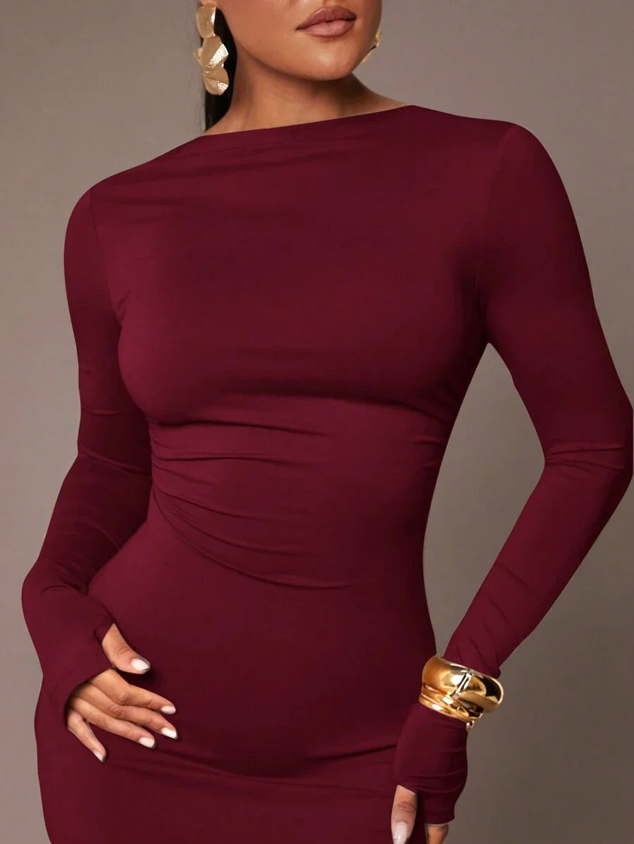 Womens Basic Slip Dress With Sexy Deep Back Waist Folds SkinFriendly Long Sleeve Floor Length Tight