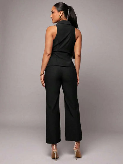 Womens Black Asymmetrical Wrap Collar Tie Waist Jumpsuit Set Elegant Office Wear Summer amp Autumn