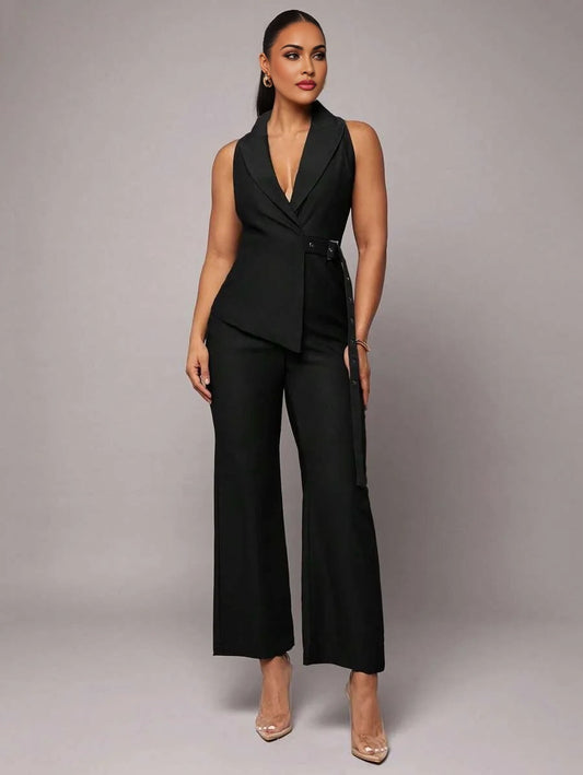 Womens Black Asymmetrical Wrap Collar Tie Waist Jumpsuit Set Elegant Office Wear Summer amp Autumn