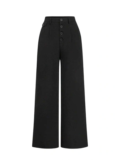 Womens Black Casual Loose Button Front Wide Leg Pants