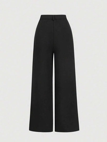 Womens Black Casual Loose Button Front Wide Leg Pants