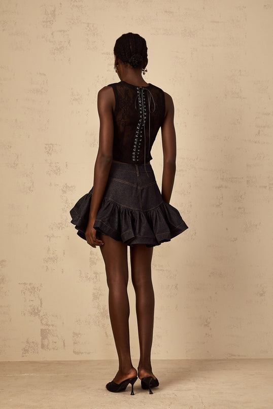 Womens black cropped top with lace panel detailing sleeveless design fitted silhouette