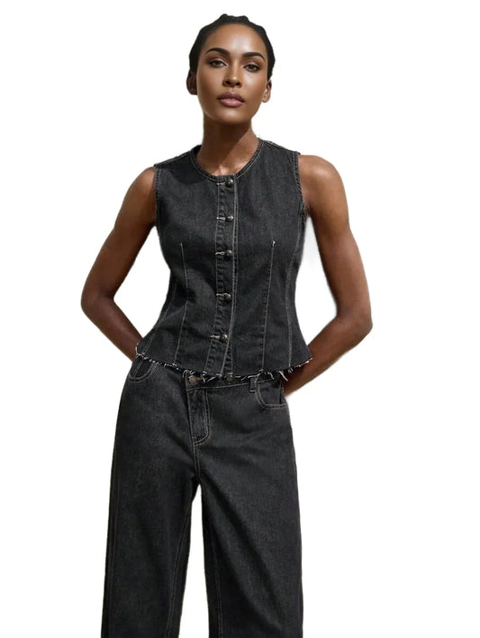 Womens Black Denim Top Casual Fit Sleeveless Vest Retro Casual Outfit