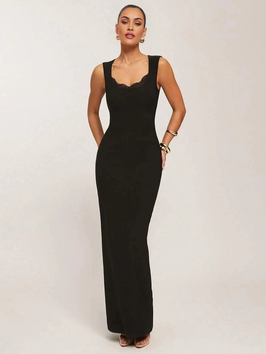 Womens Black Everyday Dress Lace Square Neck Dress Lace Patchwork Dress Sleeveless Dress Beach