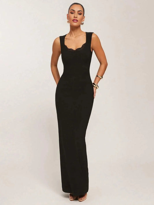 Womens Black Everyday Dress Lace Square Neck Dress Lace Patchwork Dress Sleeveless Dress Beach