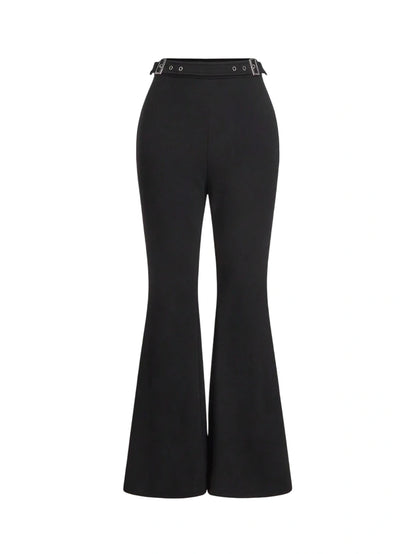 Womens Black Flared Pants With Eyelets Adjustable Waist Casual amp Office Wear