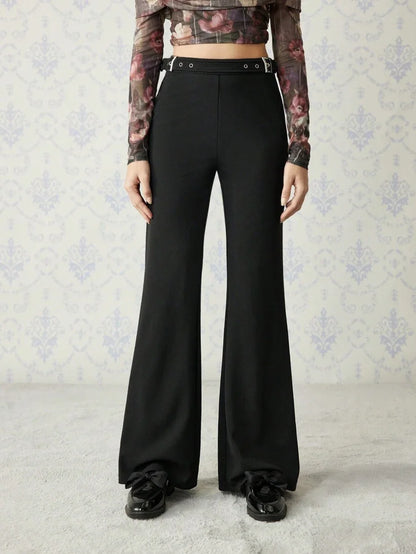 Womens Black Flared Pants With Eyelets Adjustable Waist Casual amp Office Wear