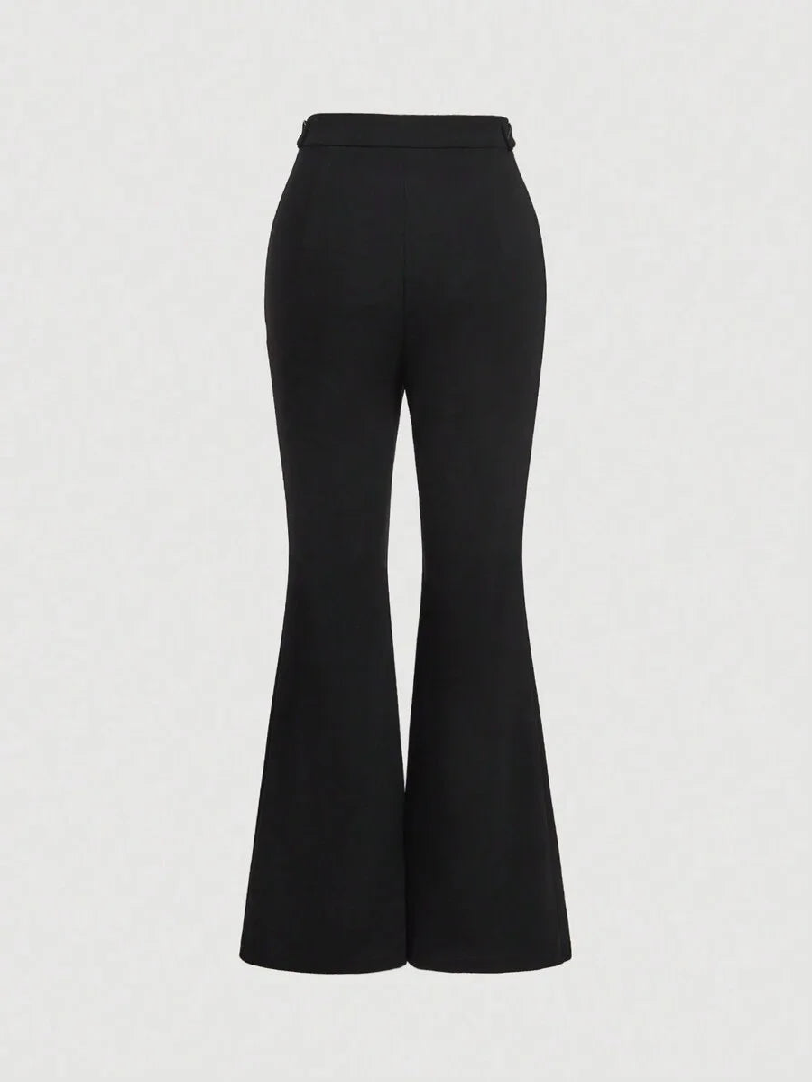 Womens Black Flared Pants With Eyelets Adjustable Waist Casual amp Office Wear