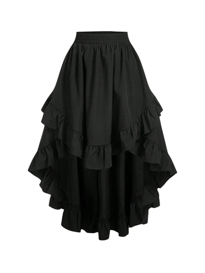 Womens Black Ruffle Hem Skirt Retro Black Layered ALine Skirt