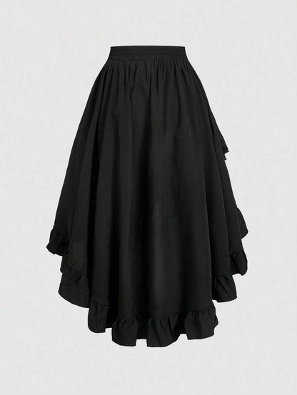 Womens Black Ruffle Hem Skirt Retro Black Layered ALine Skirt