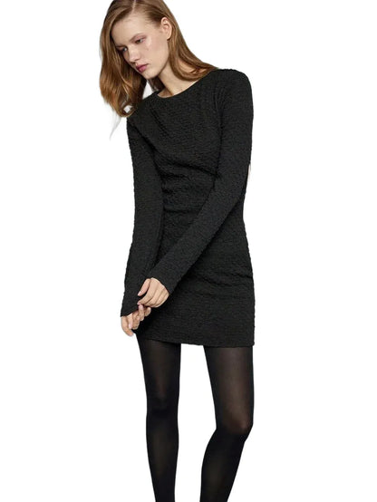 Womens Black Sexy Minimalist Hollow Metal Decor Round Neck Long Sleeve Bodycon Short Dress Suitable