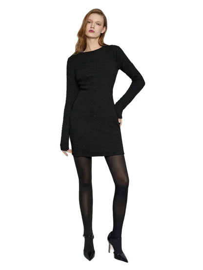 Womens Black Sexy Minimalist Hollow Metal Decor Round Neck Long Sleeve Bodycon Short Dress Suitable