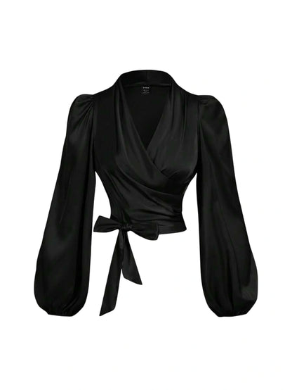 Womens Black WrapAround TieUp Bow Batwing Sleeve BlouseWomen ShirtsGlittery BlouseNew Years Top