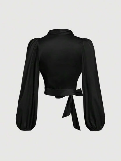 Womens Black WrapAround TieUp Bow Batwing Sleeve BlouseWomen ShirtsGlittery BlouseNew Years Top