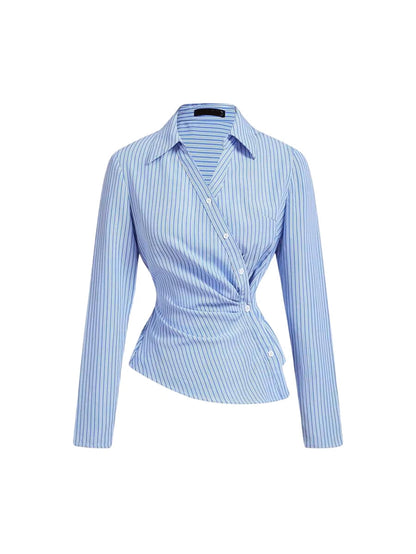 Blue striped wrap blouse with long sleeves and button details